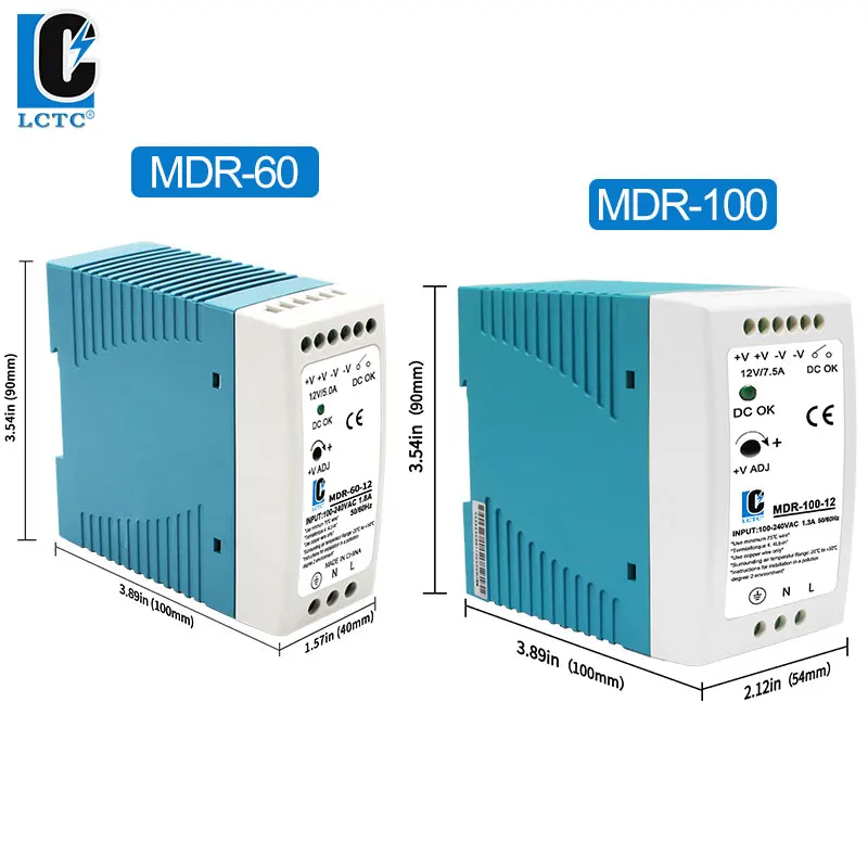 LCTC 스위칭 전원 공급 장치 MDR-20W, AC DC 단일 출력 스위치, DIN 레일 전원 공급 장치, 5V, 12V, 24V, 48V, 60W, 100W