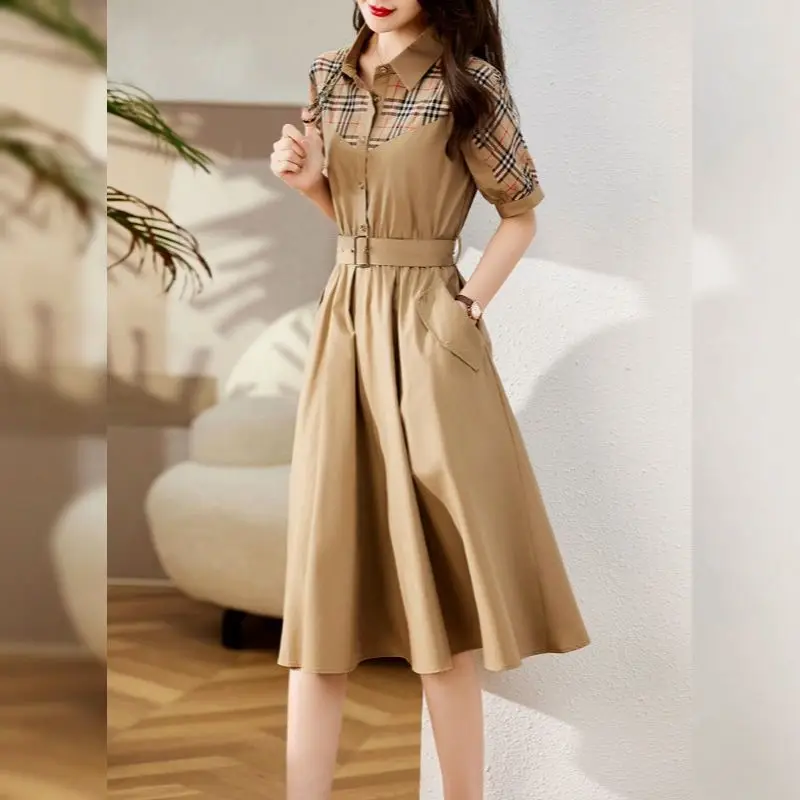 2023 Spring/Summer Korean Edition New Fashion Checker Panel Dress POLO Collar Waist Waist Slim Mid Length Dress