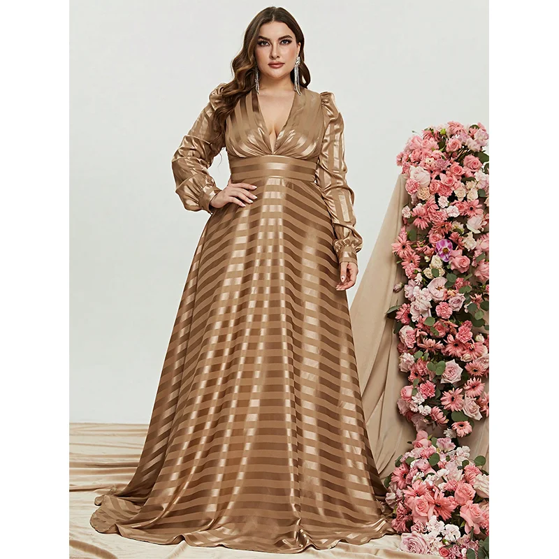 V-Neck Floor-Length Satin Prom Dress Marigold Plus Size