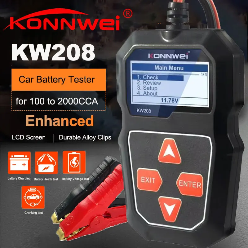 KONNWEI KW208 자동차 배터리 테스터, 12 V 100-2000CCA, 크랭킹..