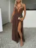 A Sexy Long Dress for Women A Brown Halter Deep V-neck Pleated Floor-length Dress and A Slit Party Dress 1