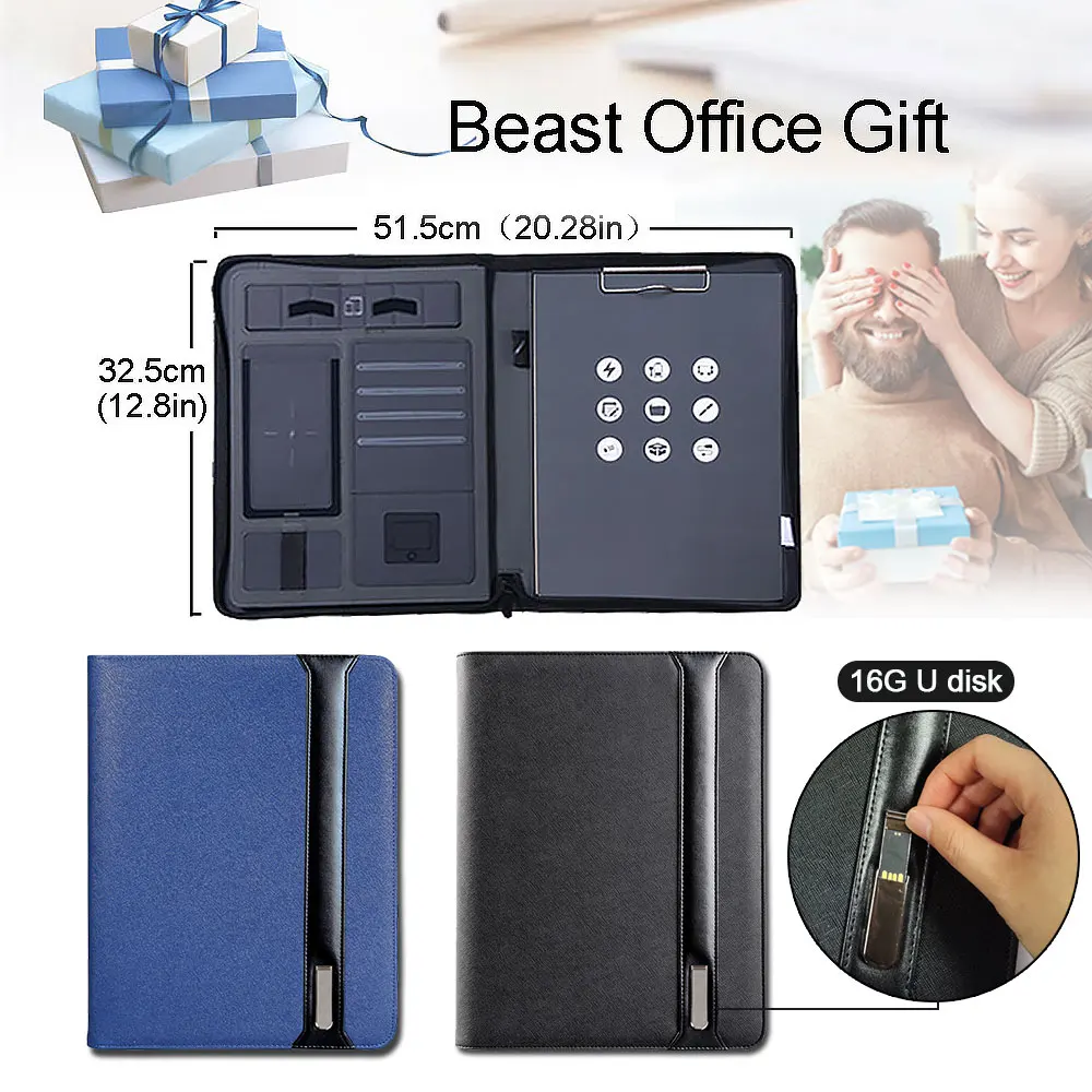 Office Padfolio A4 Wireless Charging Padfolio With 8000mah Power Bank & 16G U Disk & Notebook