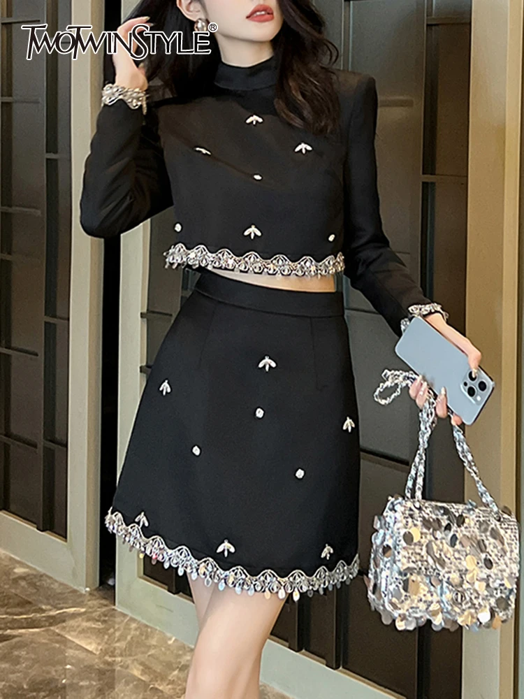 

TWOTWINSTYLE Elegant Spliced Diamonds Two Piece Set For Women Stand Collar Long Sleeve Top High Waist Skirt Chic Sets Female New