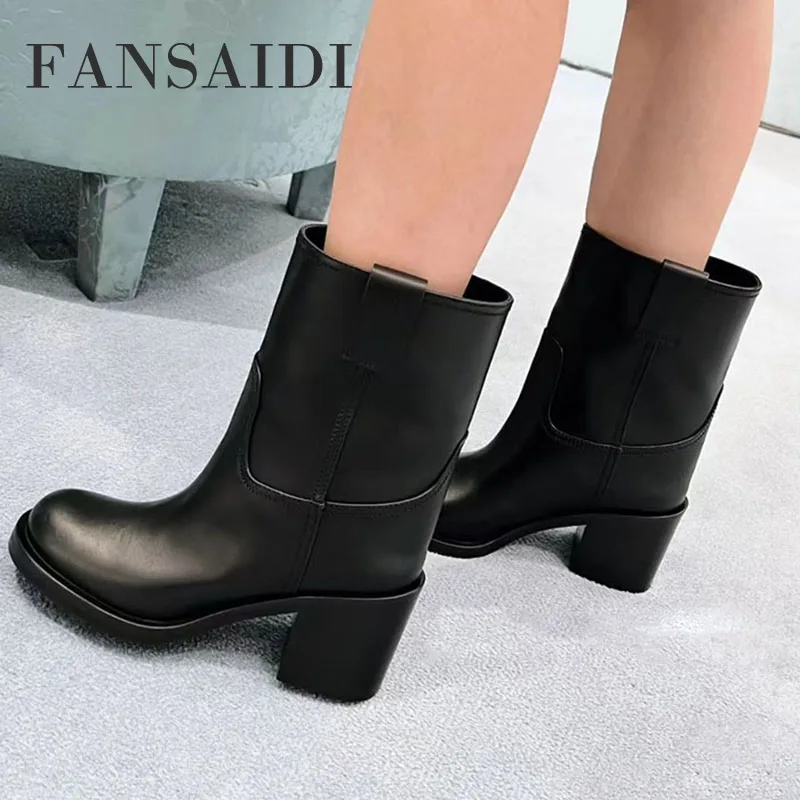 

FANSAIDI 2023 Slip On Brown Round Toe Half Boots Fashion Ladies Boots Female Winter Half Boots Chunky Heels New Big Size 42 43