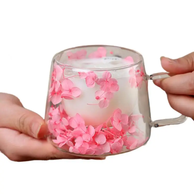 Drinking Glass 200ml Flower Coffee Mug Cup Spring Coffee Mugs Dried Flower Decorated Cup Real Glass Glasses Tea