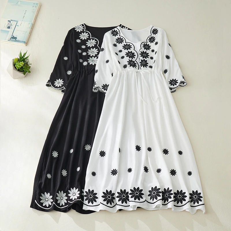 

Embroidery Chinese Style Women's Dresses New Cotton Linen Three Quarter Summer FASHION Women Vintage Loose Clothing YCMYUNYAN