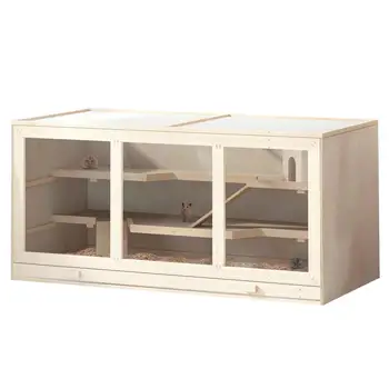 Natural Wooden Hamster Cage Small Animal Hutch with Openable Top and Tray Exercise Play House 115L x 57W x 55Hcm
