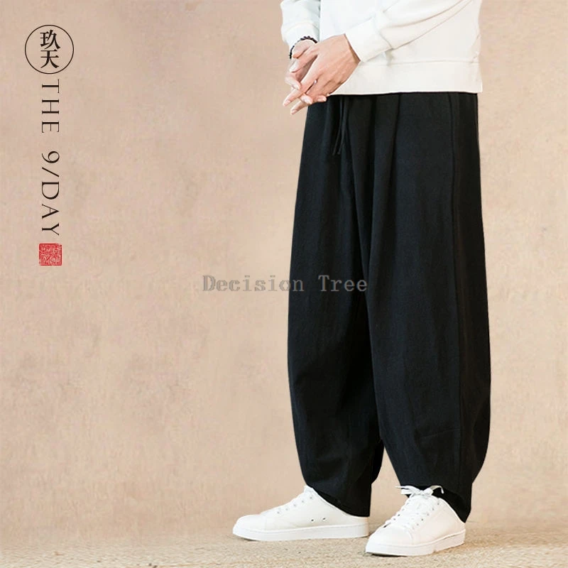 spring linen casual martial arts wushu pants wide leg pants chinese style men loose cotton linen tai chi dao long trousers