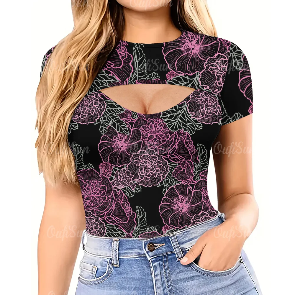 

Sexy T-Shirt For Women Fashion Spice Girl Pullover Tees Summer O-Neck Cutout Tops Street Woman Clothing Short Sleeve T-Shirts