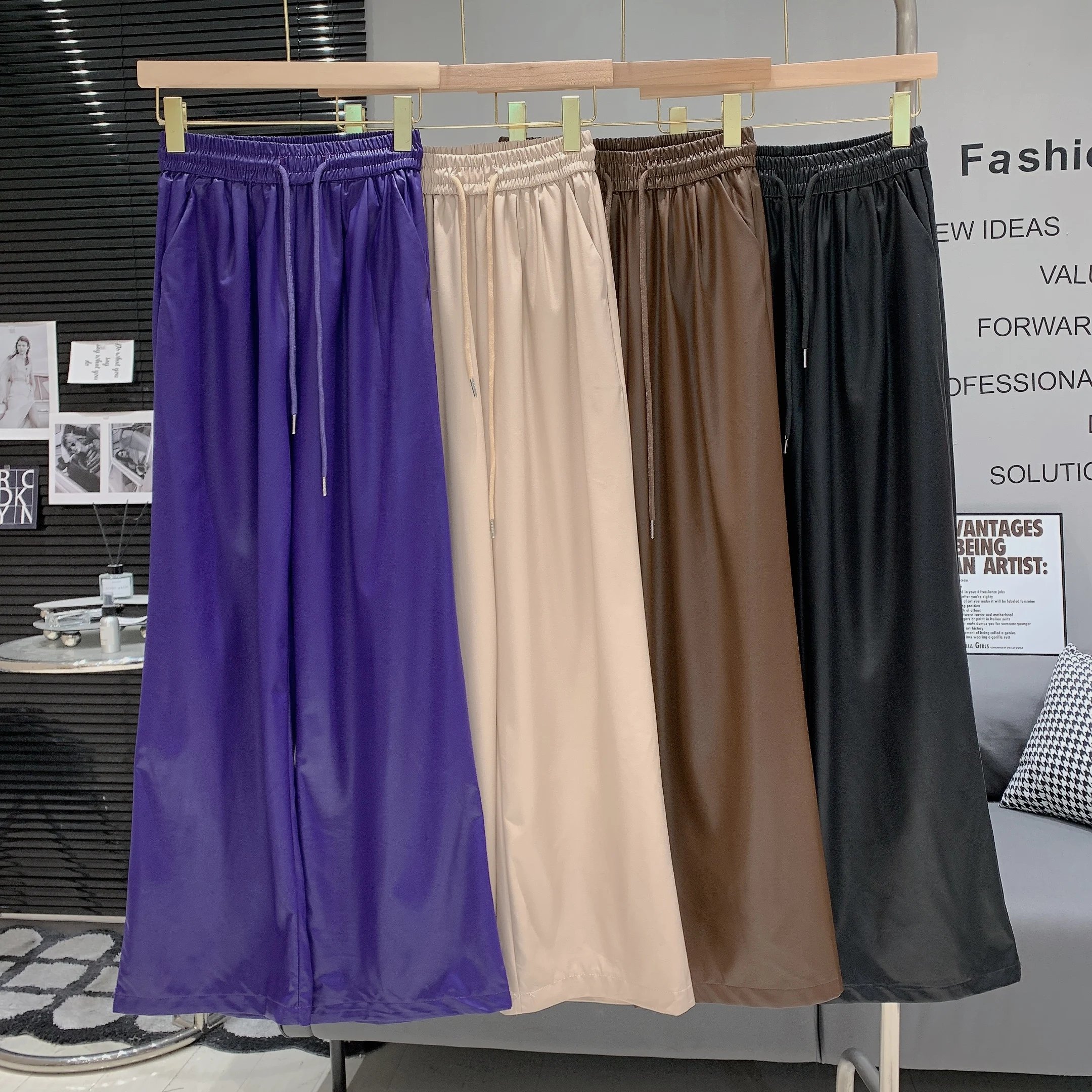 

Clothland Women Stylish PU Leather Pants Elastic Waist Wide Leg Candy Color Female Retro Casual Long Trousers Mujer KA392