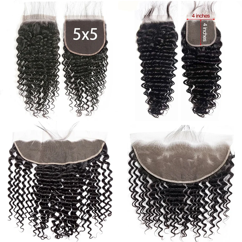4x4 5x5 13x4 13x6 Deep Wave Transparent Lace Closure Peruvian Curly Human Hair 360 Frontal