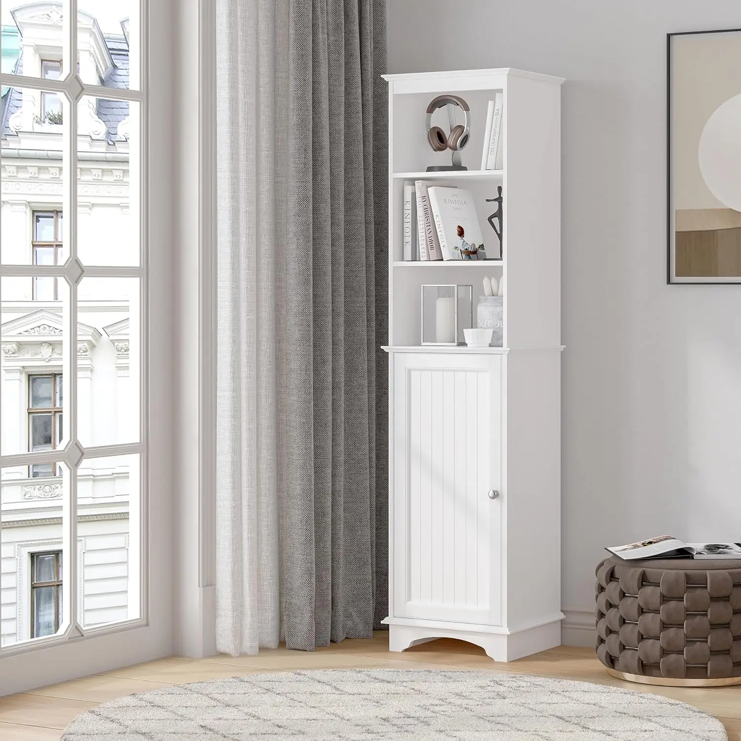 Home Freestanding Storage Cabinet with Three Tier Shelves, Tall Slim Cabinet, Free Standing Linen Tower, White