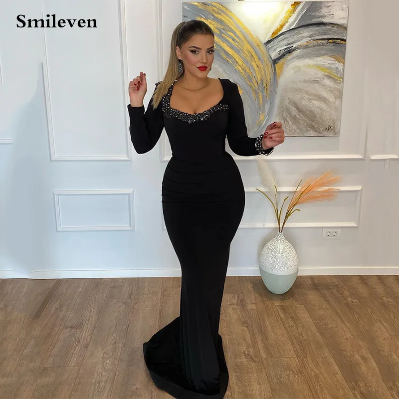 

Smileven Black Mermaid Evening Dress Long Sleeve Beading Modest Velvet Arabic Prom Gowns Party Dress