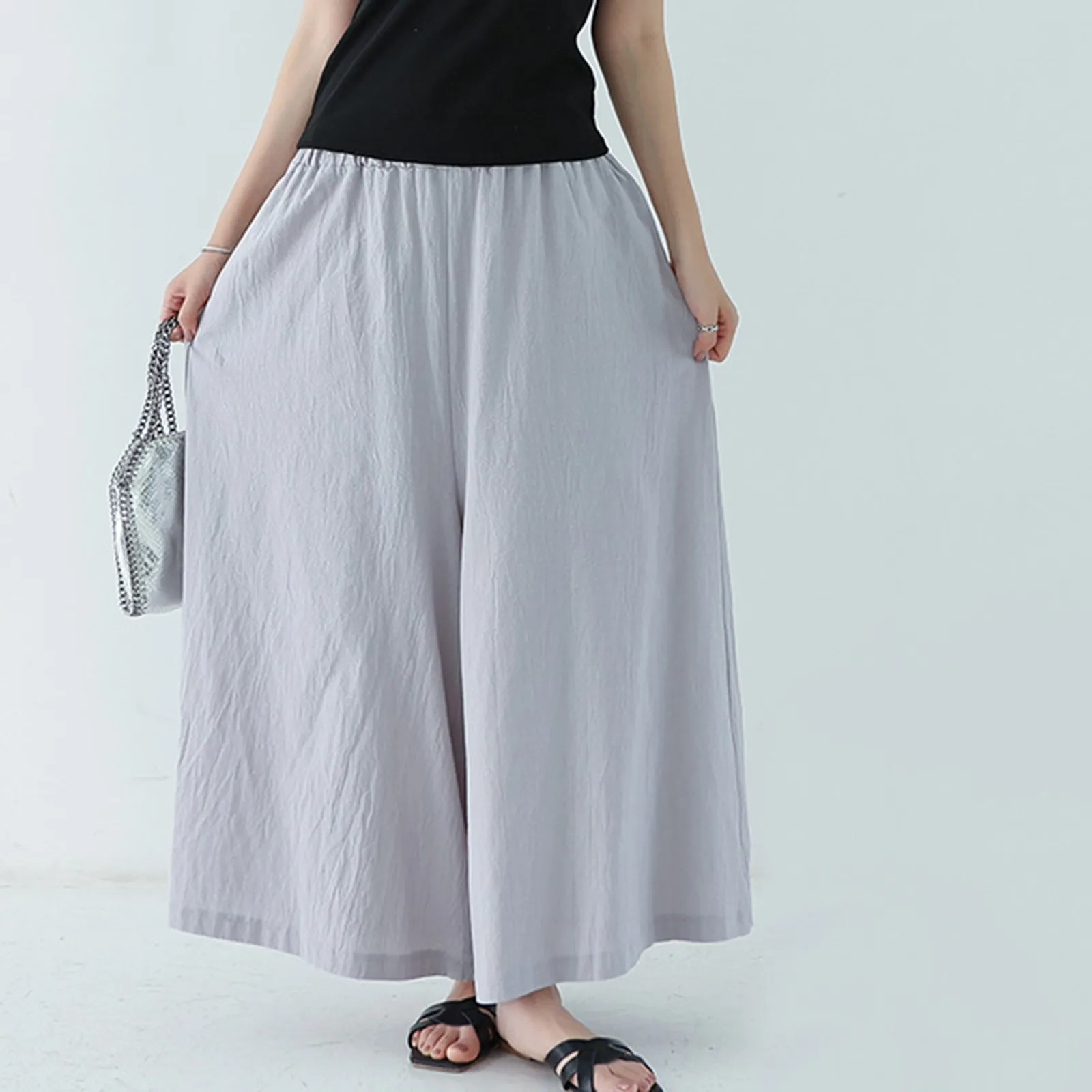 

Women Summer High Waisted Cotton Linen Wide Leg Palazzo Pants Casual Loose Long Pants Harajuku Trousers With Pocket Beach Pants