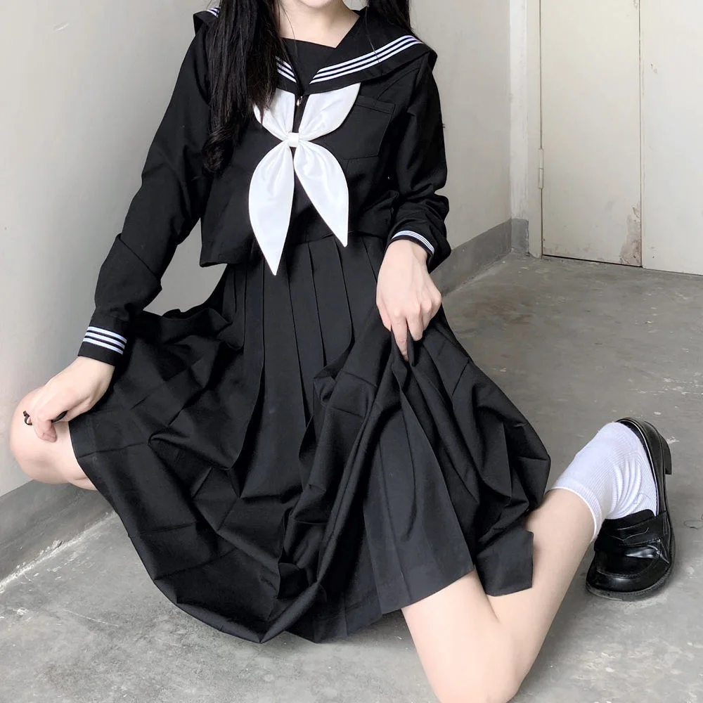 Japanese School Uniforms Style Student Girls Navy Costume Women Sexy Black JK Long Dress Suit Sailor Blouse Pleated Skirt Set japanese school uniform japanese schoolgirl skirt japanese women dress