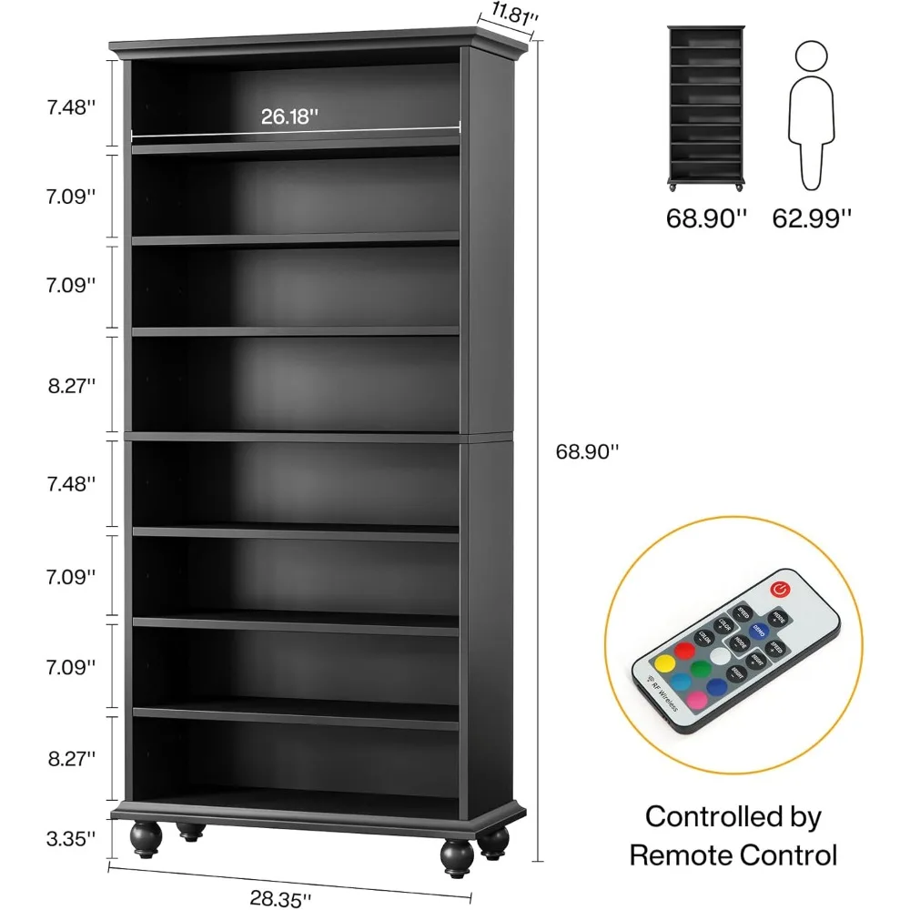 69-Inch Tall Bookcase with LED Lighting, Modern 9-Tier Freestanding Bookshelf with Solid Wood Legs, Wooden Open Display Shelf 2