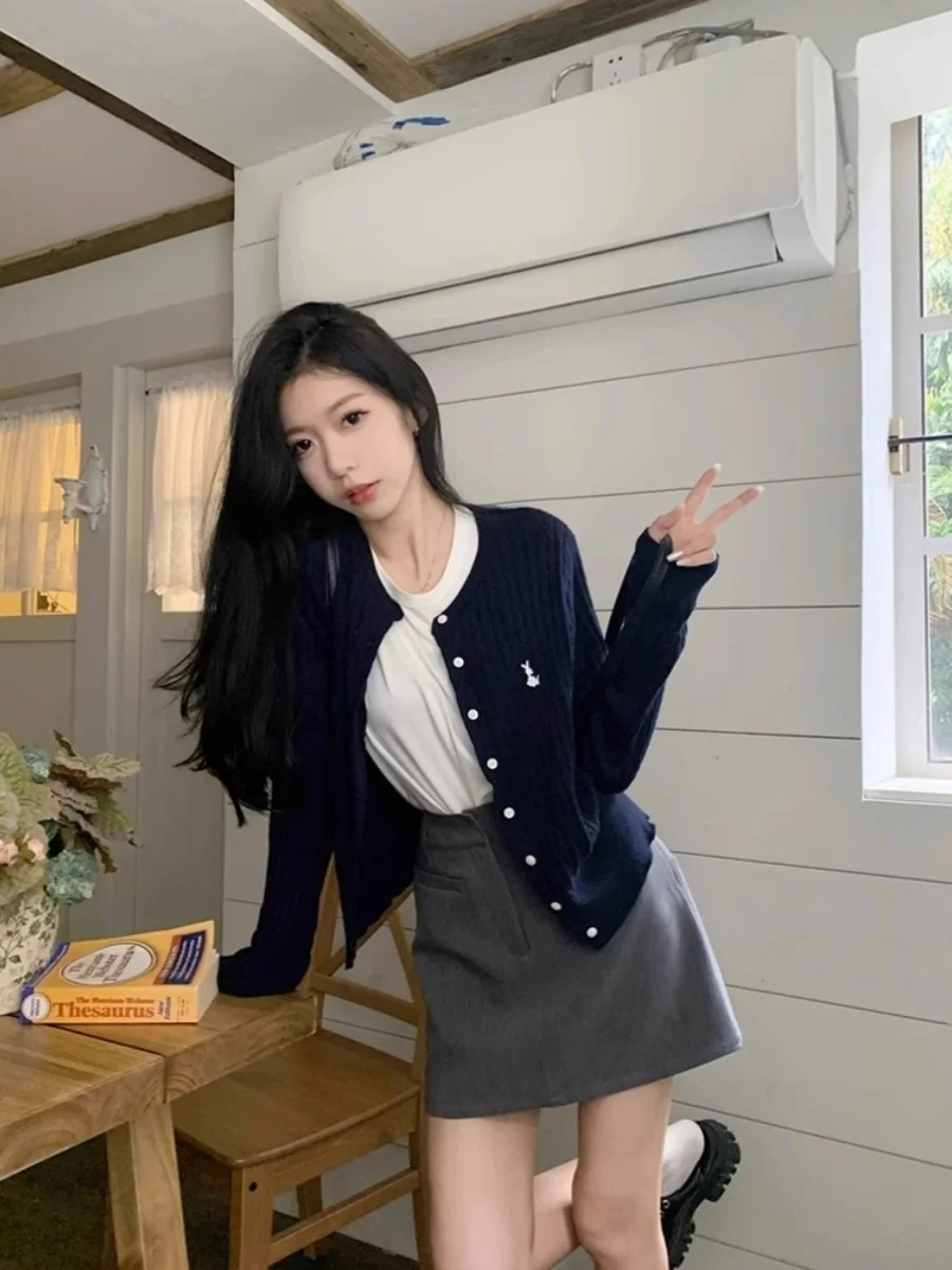 Navy blue rabbit embroidery 100% pure wool cardigan women's thin style long sleeved knitted sweater jacket unique and chic top
