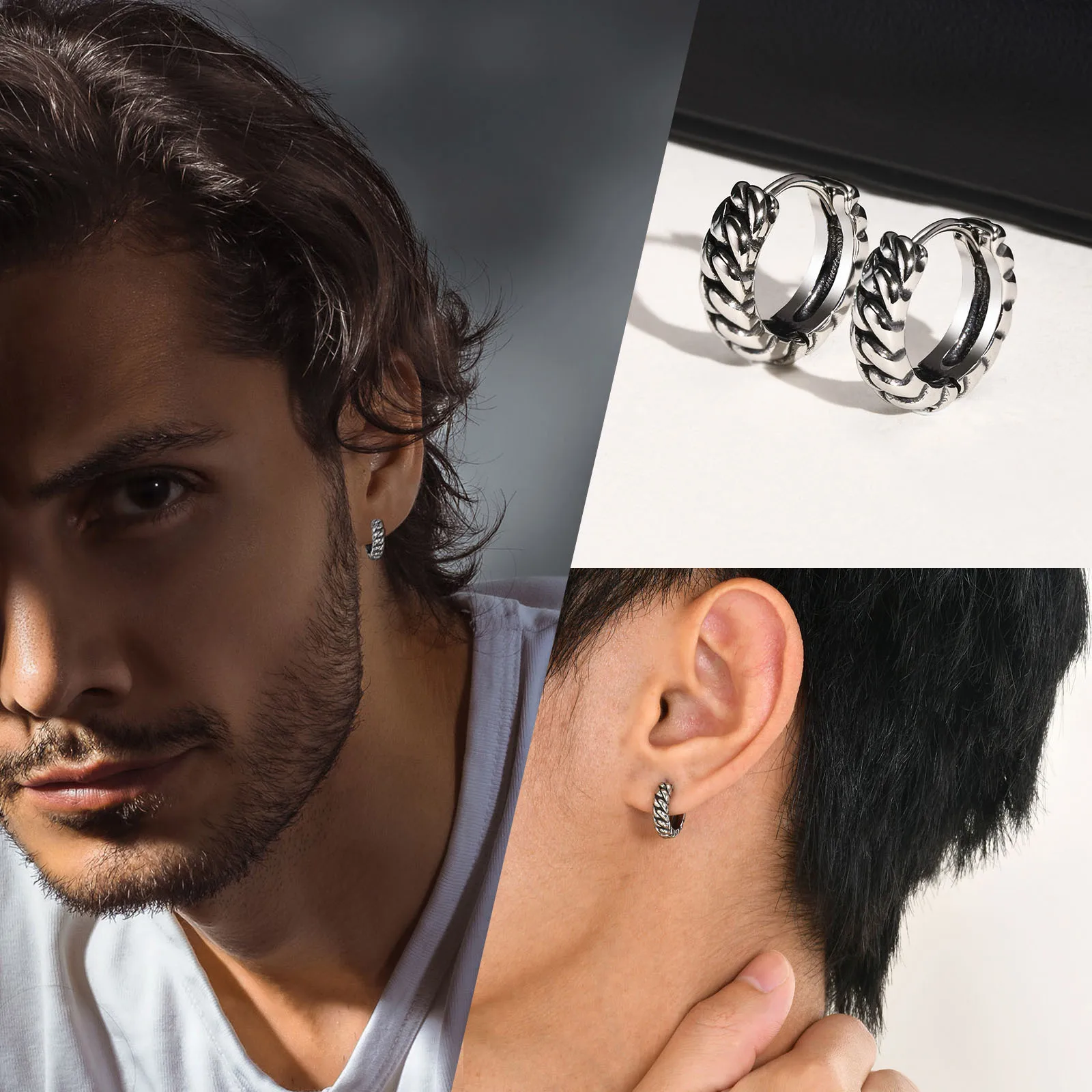 Cool Twisted Chain Hoop Earrings for Men, Waterproof Stainless Steel Simple Huggies Earrings Jewelry,Gifts for Him