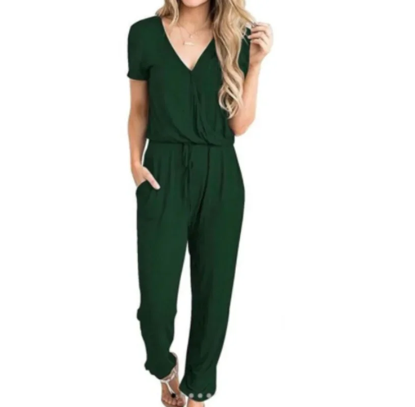Women Sexy V Neck Cotton Bodysuit Short Sleeve 2023 Summer Autumn Clothing Wear Sexy Slim Long Cotton Bodycon Bandage Jumpsuit