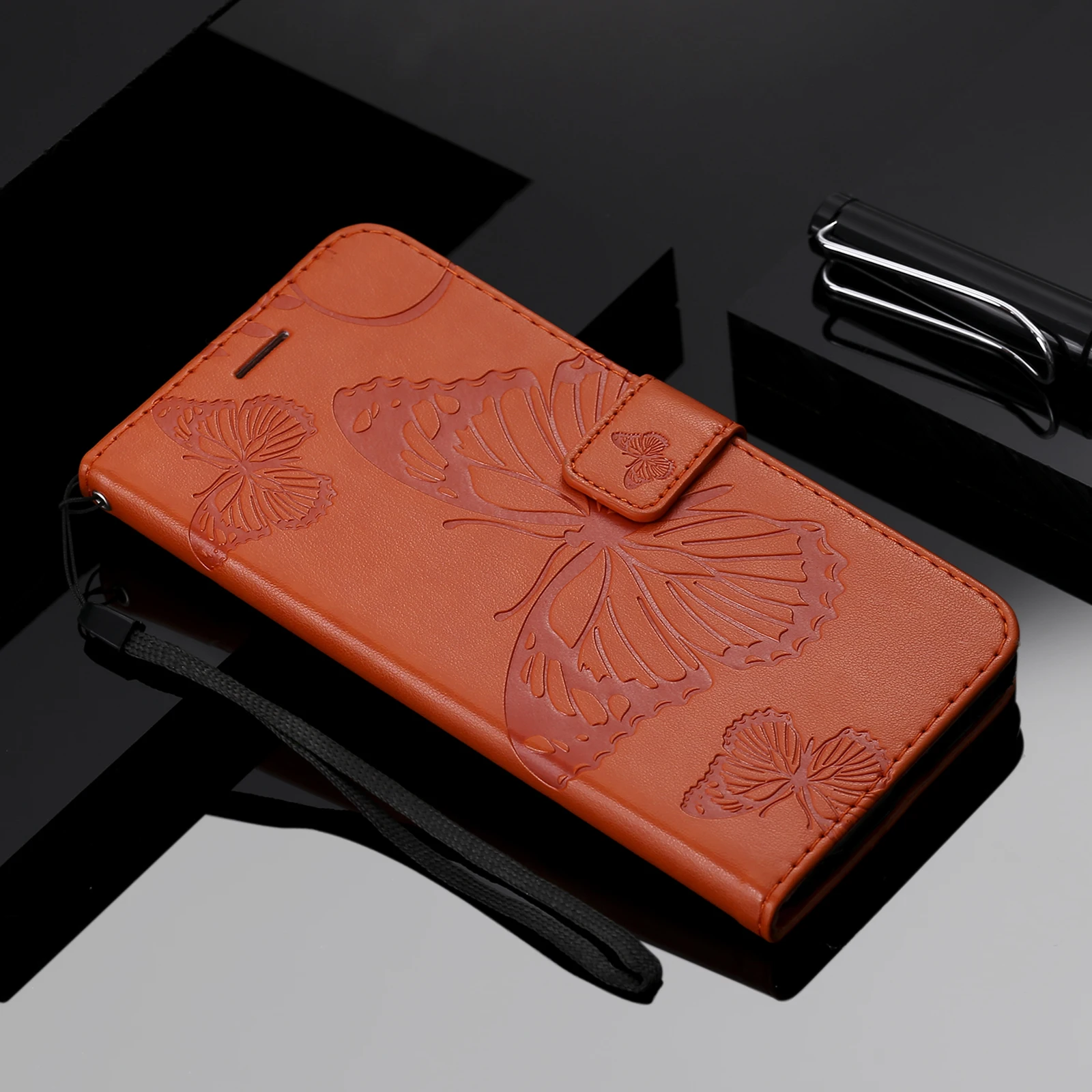 Elegant Leather Flip Wallet Case | Butterfly Embossed Design with Card Holder