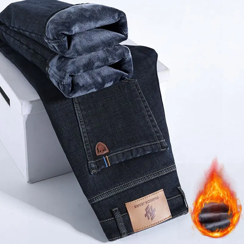 Winter Warm Fleece Jeans Men's Thick Thermal Casual Straight Denim