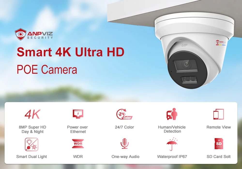 Smart 4k ultra hd outdoor surveillance camera with weatherproof capability.