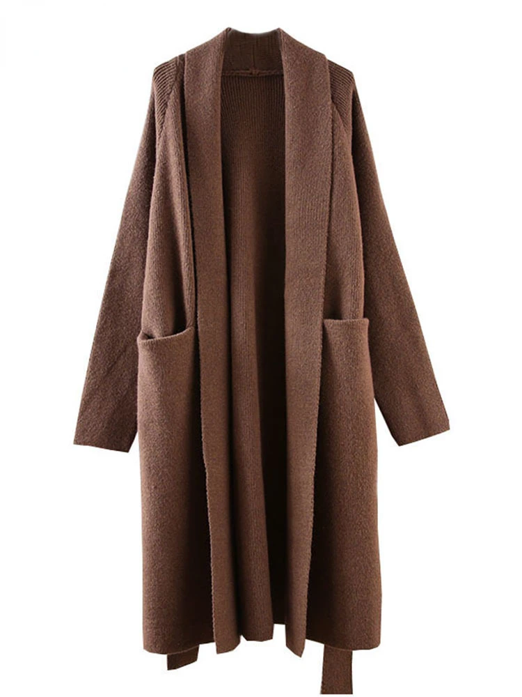 

Solid Knitting Cardigan Long Sweater Coat For Women V Neck With Belt Loose Casual Vintage Sweaters 2023 New Autumn 3WQ7077