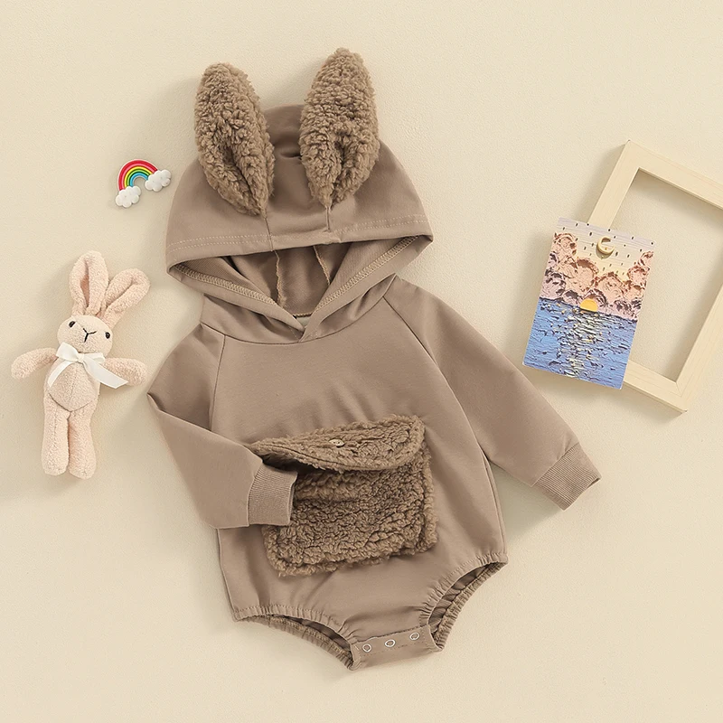

Baby Girl Boy Easter Romper Hood Fuzzy Jumpsuit Long Sleeve Front Pocket Playsuit Bunny Ear Infant Bodysuit Tops