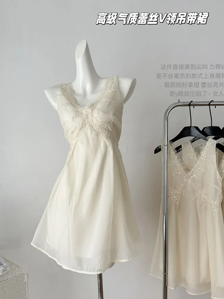 

French Elegance Fashion V-Neck Sleeveless Camisole Dress Summer Women Sexy Sweet Lace Slim One-Piece Frocks Romantic Prom Gown