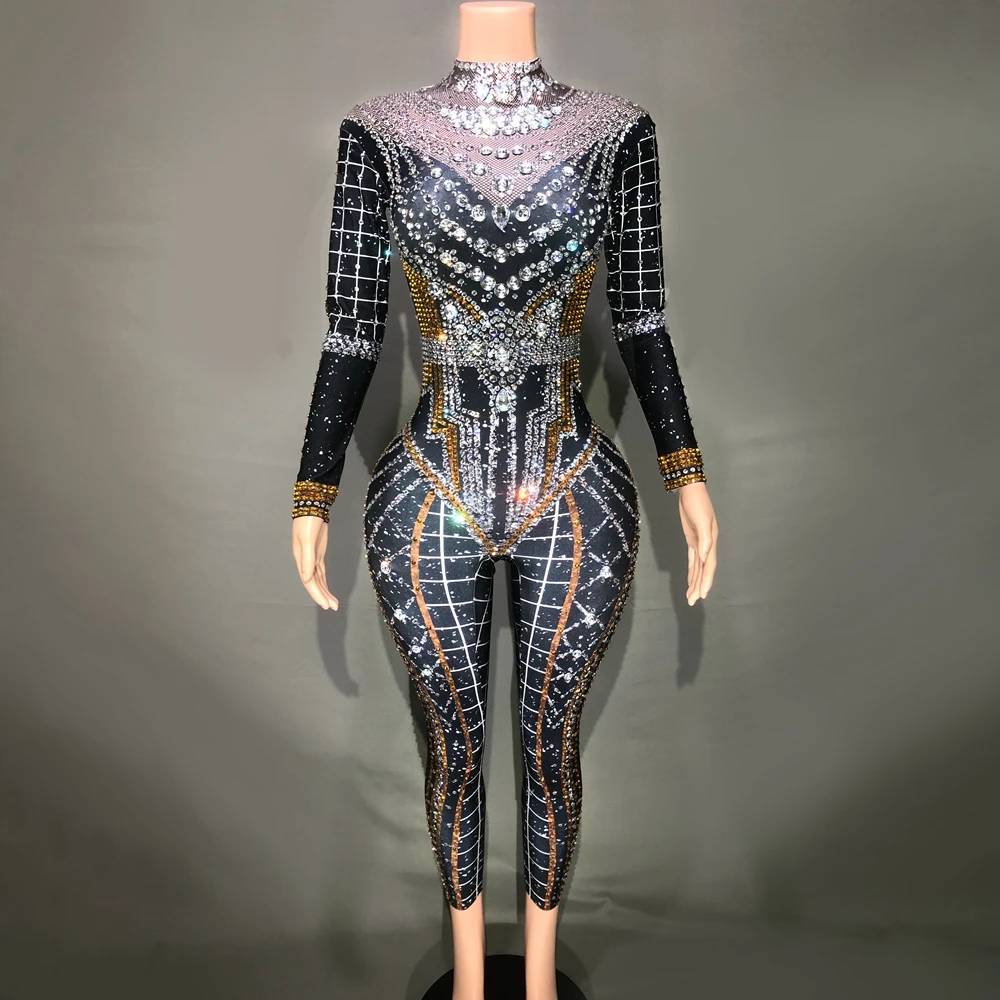 

Sparkly Rhinestones Jumpsuit Women Long Sleeve Spandex Nightclub Prom Party Outfit Singer Dance Performance Costume Stage Wear