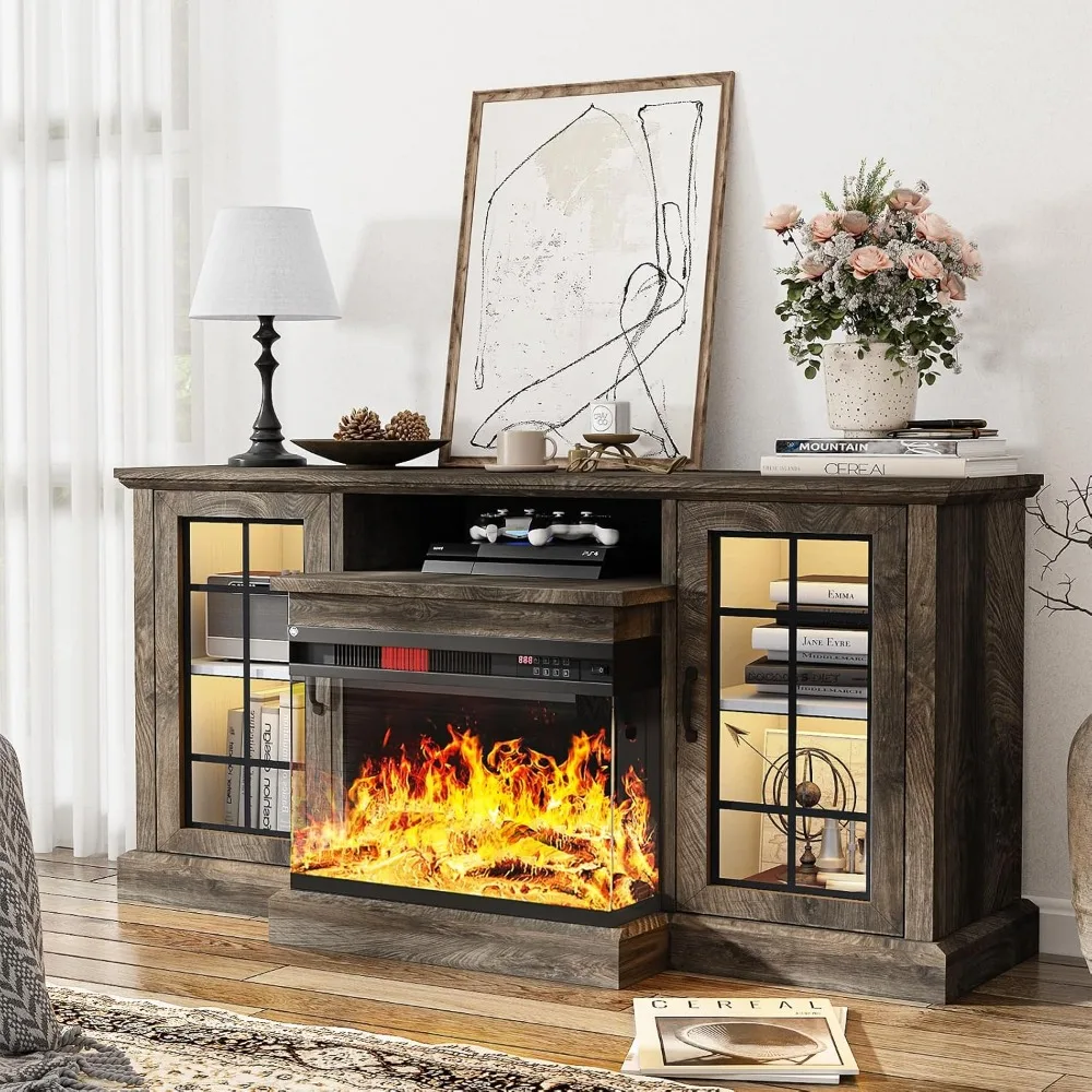 59'' Fireplace TV Stand, 3 Sided Glass Media Entertainment Center Console Table Glass Door Adjustable Flame LED Color, TV Stand 2