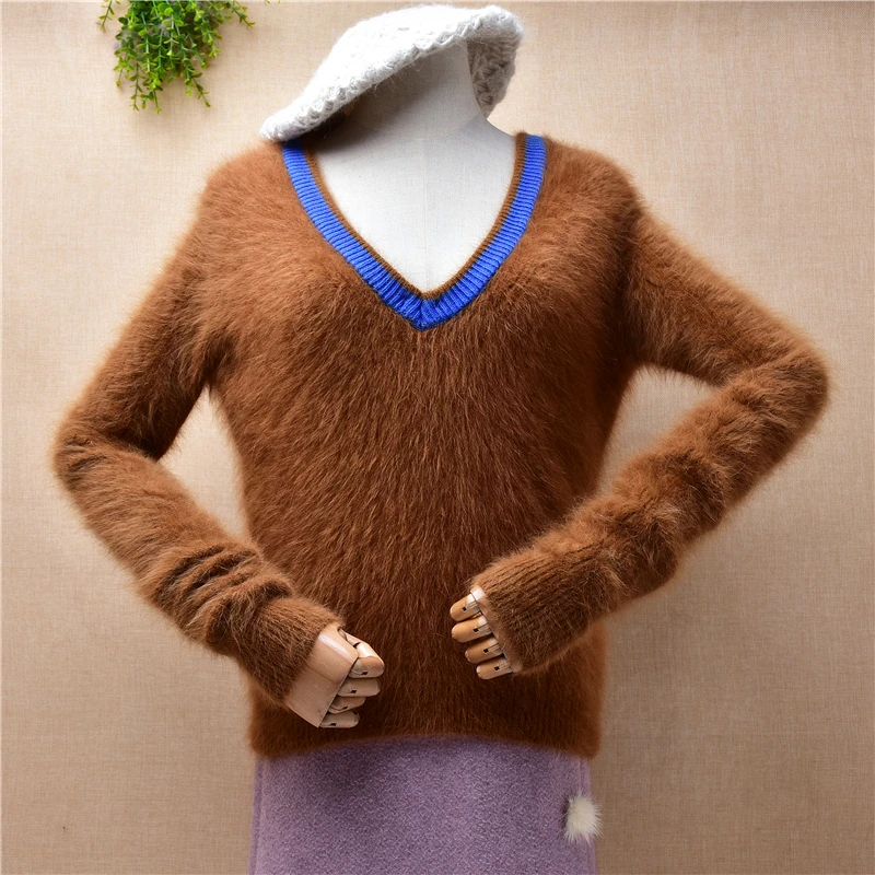 

Ladies Women Fall Winter Clothing Hairy Mink Cashmere Knitted Long Sleeves V-Neck Slim Blouse Pullover Angora Fur Jumper Sweater