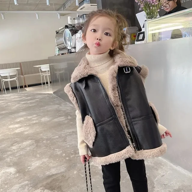 Chaleco cremallera de cuero PU para niños pequeños, chaqueta mangas de terciopelo grueso para niñas, abrigo de invierno para niñas de 2 a 10 años, 6, 8, 9, 5 - AliExpress