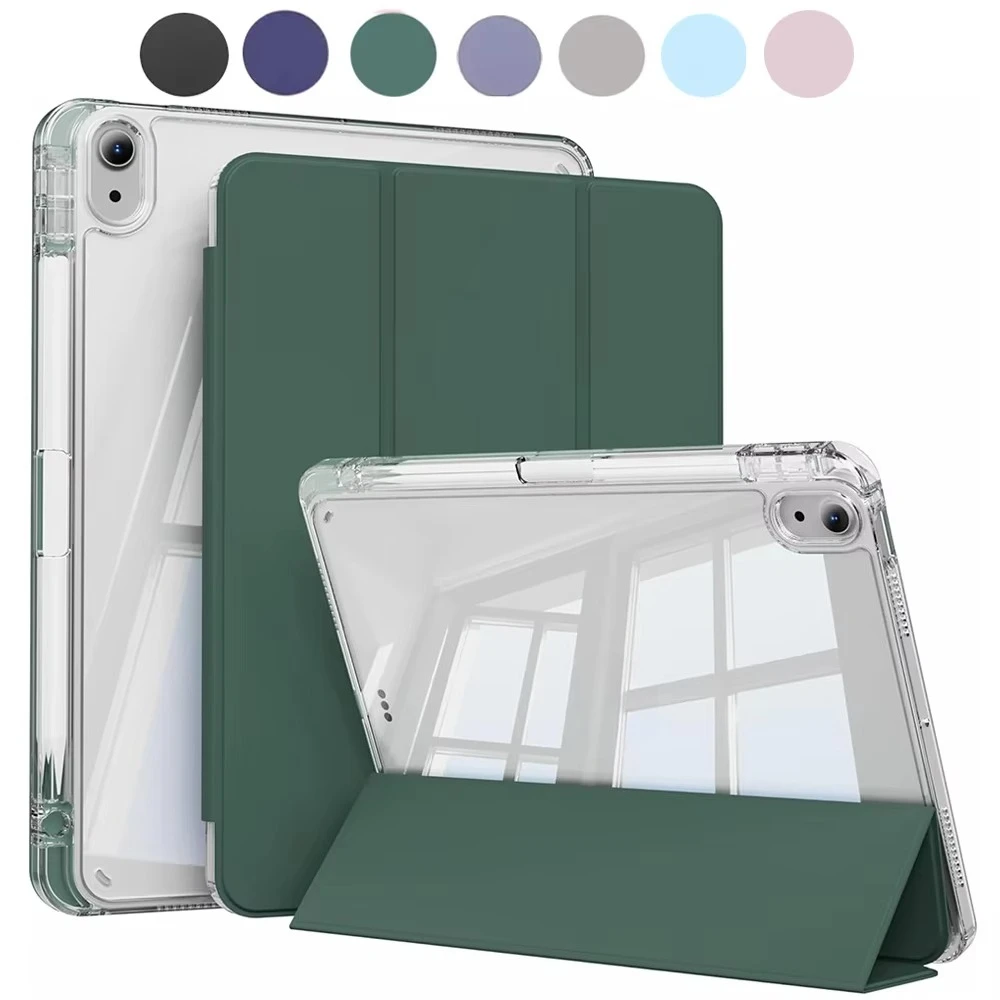 Enhanced iPad Air Case with Pen Holder - Trifold Stand & Transparent Acrylic Back Cover, 11-inch