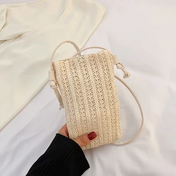 Borsa per telefono a tracolla piccola moda scavata in tinta unita da donna Borsa a tracolla intrecciata in paglia leggera intrecciata 1