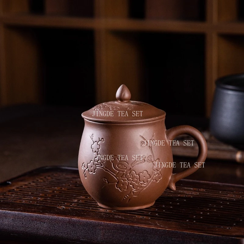 500ml Large Capacity Purple Clay Tea Cup Chinese Style Carved Plum Blossom Tea Cup with Lid Household Tea Cup Teaset Accessories