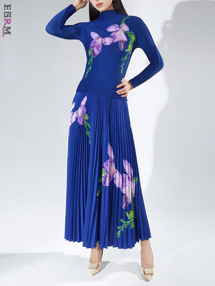 

EGRM Fashion Pleated Miyake 2 Piece Set Women Floral Printing Long Sleeves Top High Waist A-line Folds Skirt 2023 New 6GR7319