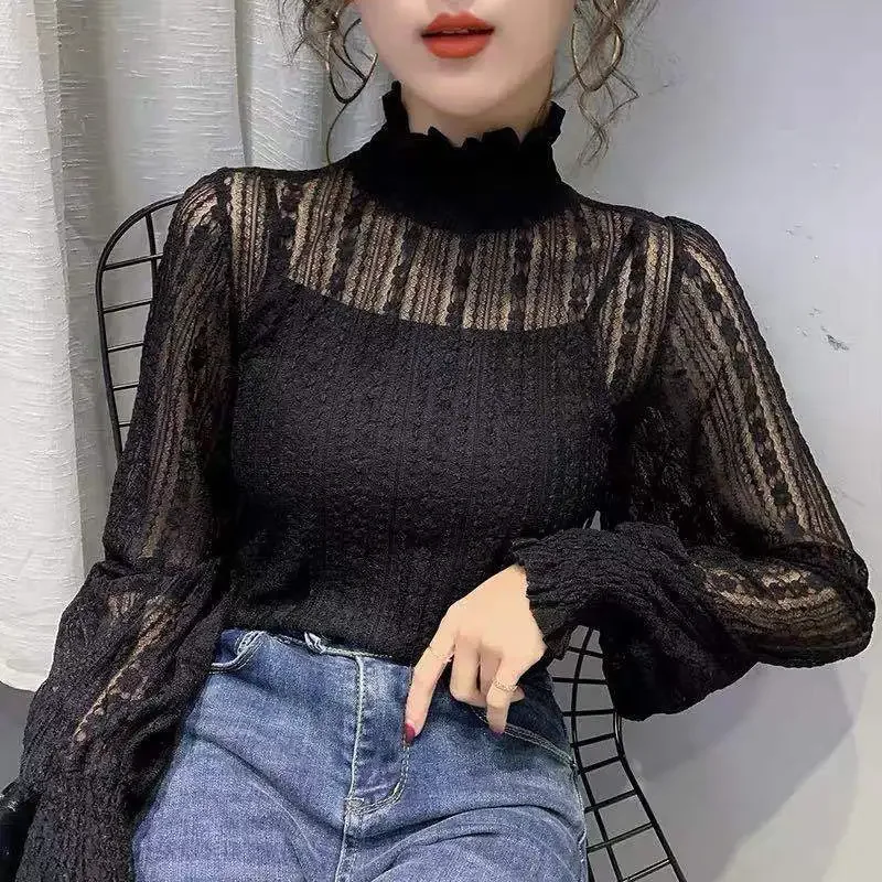 여성용 터틀넥 레이스 가을 겨울 긴 소매 메쉬 탑 블라우스 여성 Blusas Ropa De Mujer