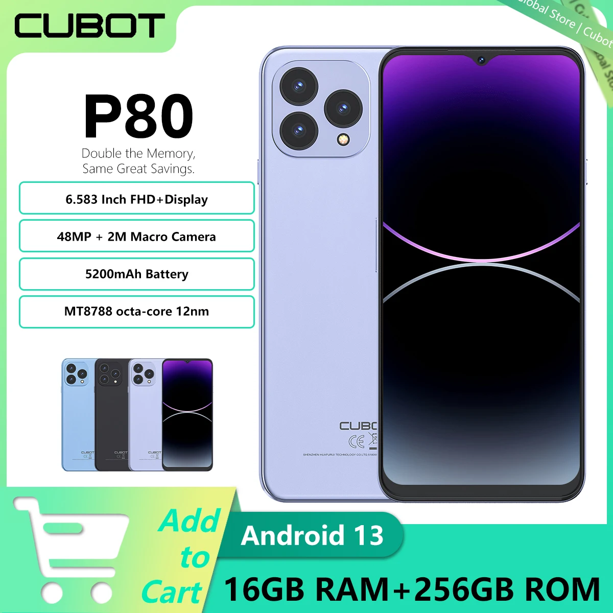 スマートフォンAndroid13,グローバルバージョン,Cubot-P80インチ