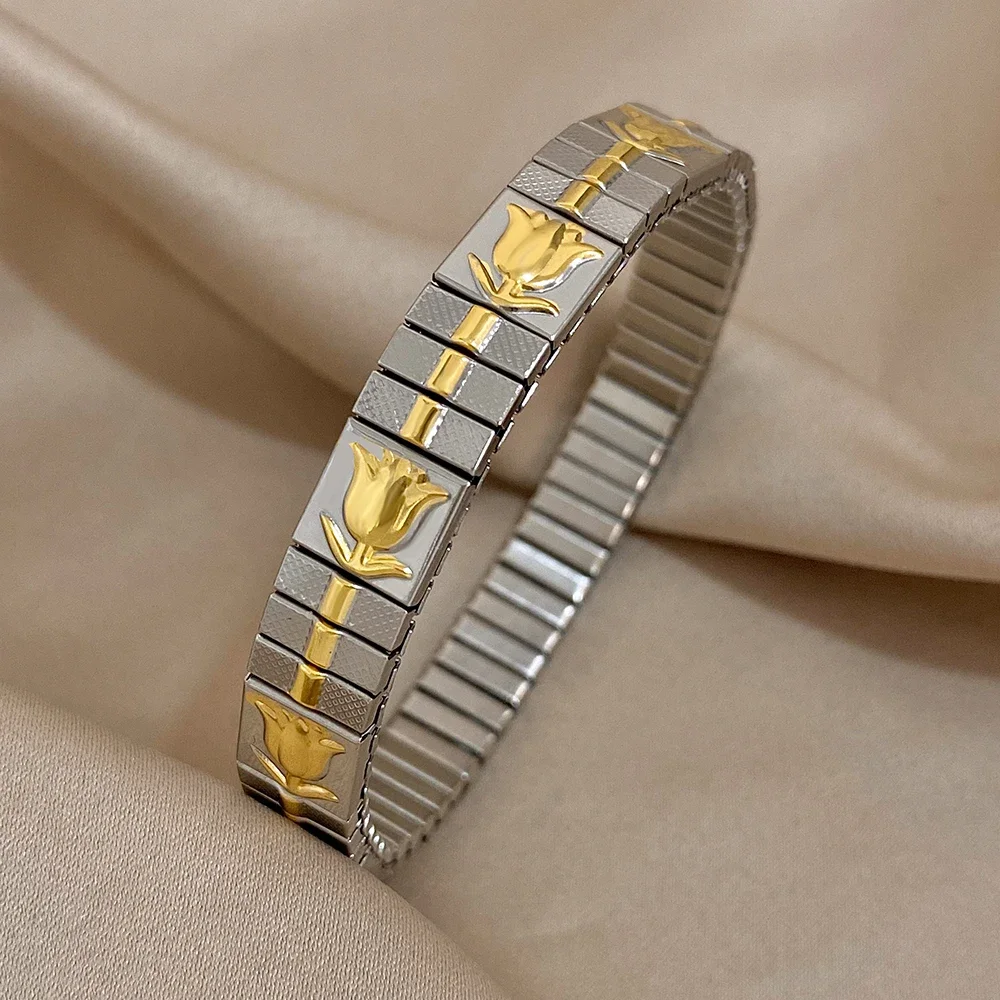 18k Gold Plated Waterproof Stainless Steel Heart & Flower Bangle Bracelet