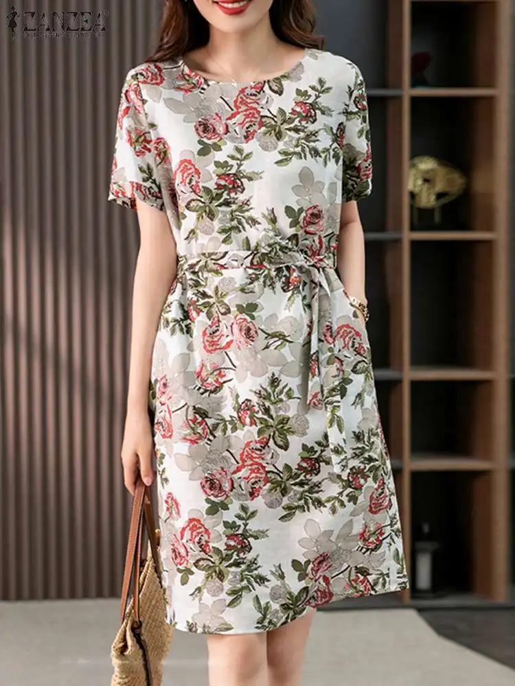 

ZANZEA Summer Vintage Knee-length Dress Short Sleeve Holiday Vestidos Belted Women Short Robes Round Neck Printed Casual Dress