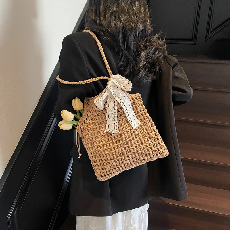 Arrival Hollow Out Lace Bow Shoulder Bags For Women Large Capacity Straw Handbag Totes Vintage Travel Beach Bag Shopping Pack