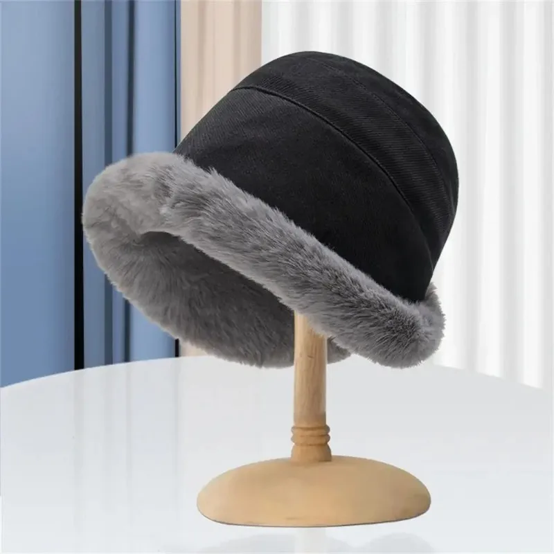 Women Winter Bucket Hat Faux Fur Warm Fisherman Cap Plus Velvet Soft Panama Hat Lady Outdoor Plush Sun Cap