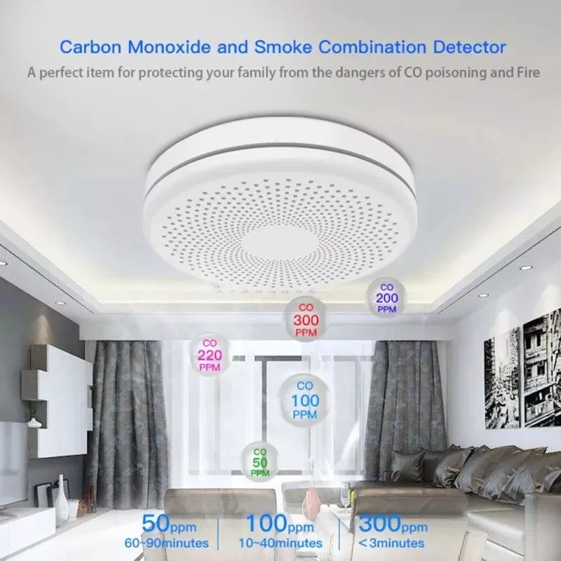 цена Tuya Intelligent WiFi Carbon Monoxide and Smoke Combination Detector Smart Real Time Notification Fire Alarm Sensor Detection