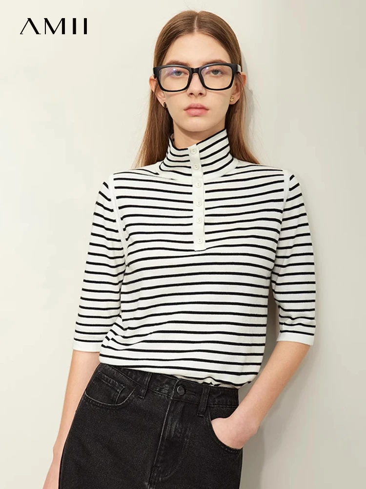 

AMII Minimalism Wool Knit Sweater Women 2024 Spring New Mock Neck Contrast Color Stripe Two Wear Slim Streetwear Blouse 12441097