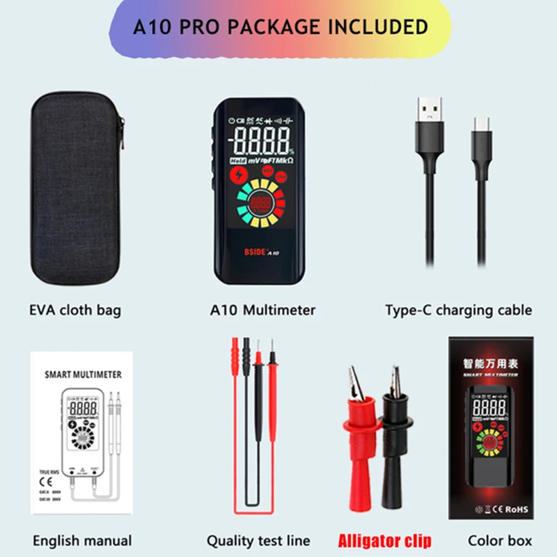 BSIDE A10 Digital Multimeter Portable True RMS EBTN Color Display DC AC Voltage Capacitance Ohm Diode NCV Hz Live wire Tester