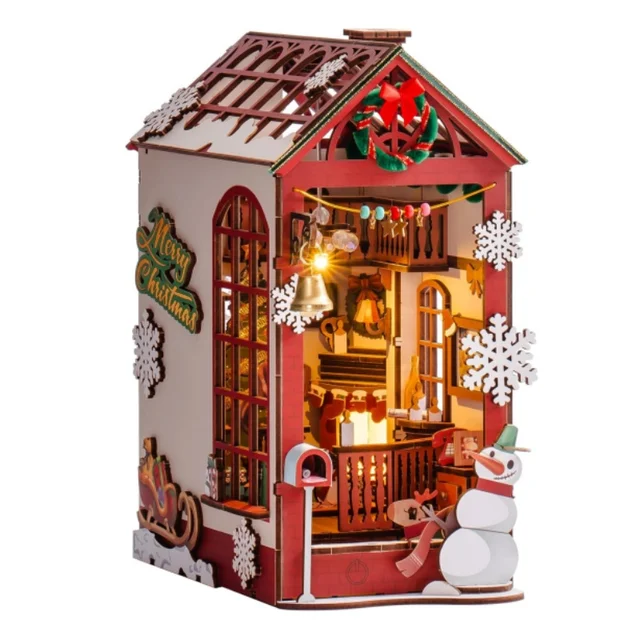 Robotime DIY Miniature Dolls House Kit Christmas House Street Book Nook Kit with LED Lights 3D Wooden Puzzle Decoration Gift