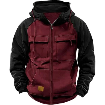 Felpa con cappuccio da uomo Giacca in pile patchwork con cerniera Calda sportiva autunno inverno con tasche multiple Cappuccio alla moda 1