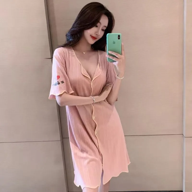 

summer nightdress female Sexy pajamas thin Short sleeve MIDI style Pure cotton Button skirt Emotional appeal Home clothes