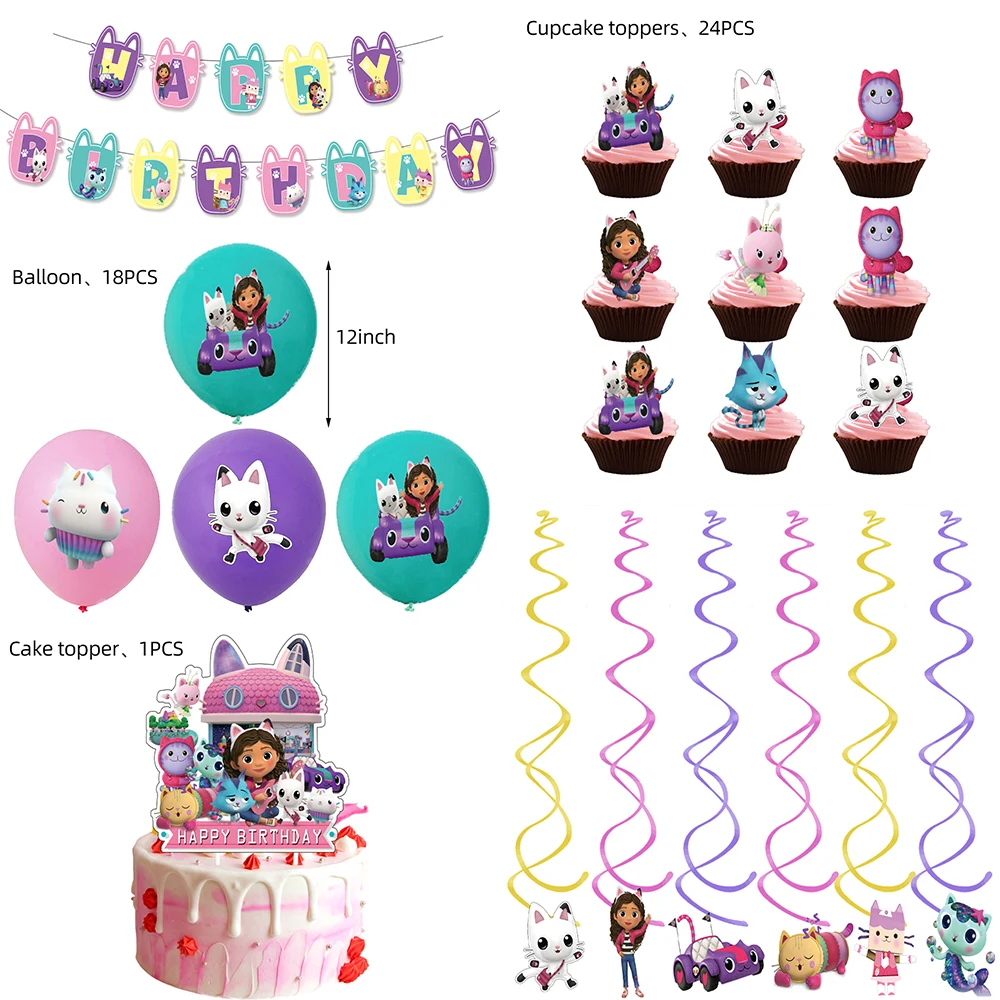 Party Supplies Gabby Dollhouse Birthday Party Decorations Balloons Plates Cup Napkins Backdrop Tableware Pink Girls